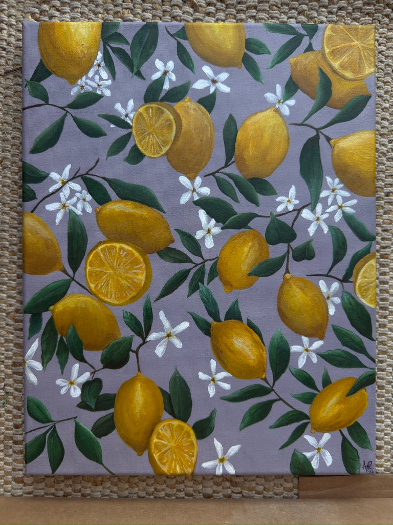 Lemons and blossom on a lavender background, hand-painted on canvas