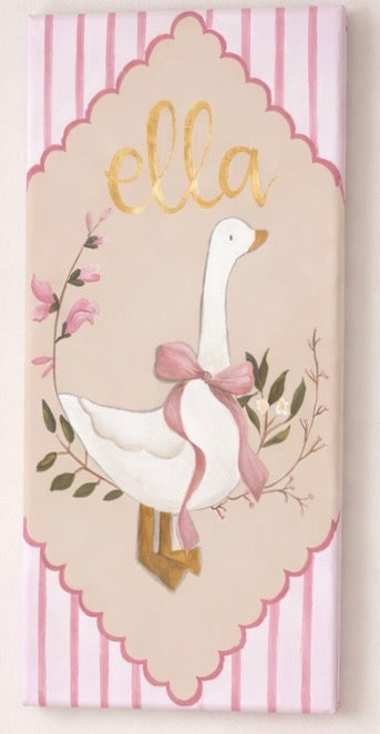 Nursery name sign reading Ella, with a hand-painted goose