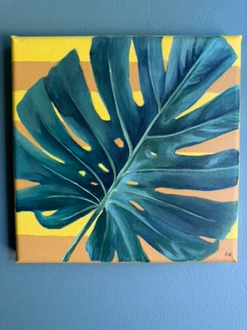 A monstera leaf on yellow stripes, hand-painted on canvas