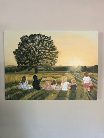 Children watching the sunset beneath a tree, hand-painted on canvas