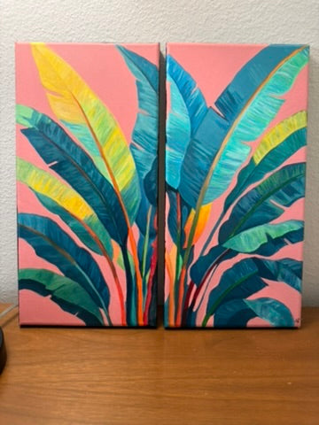 Banana leaves on pink, a hand-painted diptych