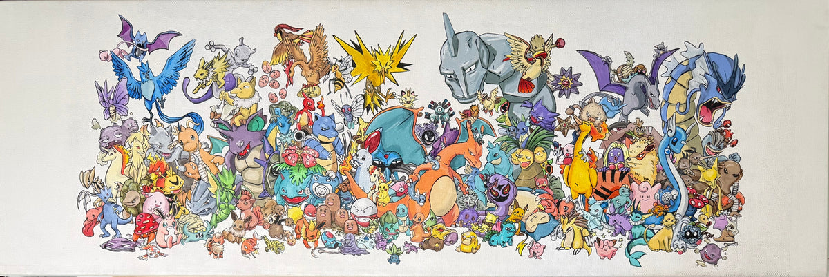 All 151 first-generation Pokemon hand-painted on a single panoramic canvas