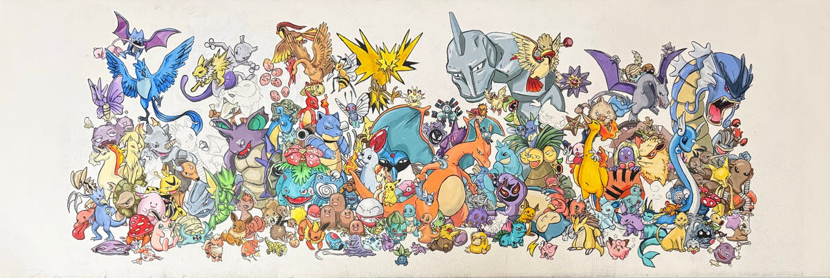 The 151 Pokémon canvas in progress, painted one per day