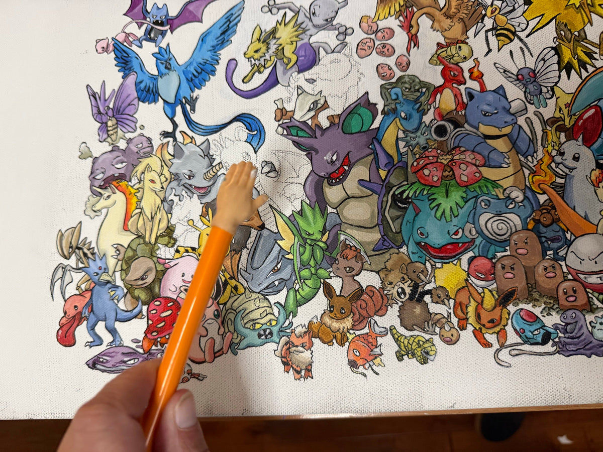 Detail of the canvas showing finished Pokémon beside ones still in pencil