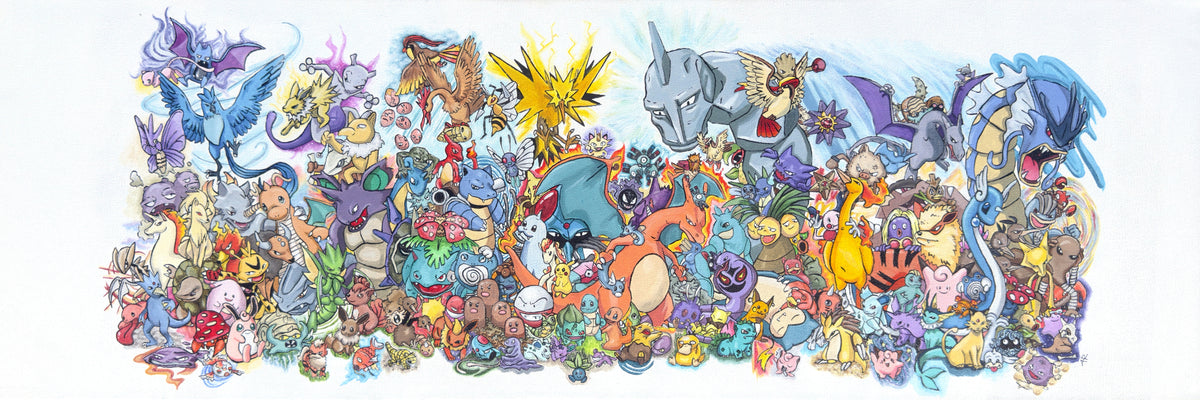All 151 first-generation Pokémon hand-painted on a single panoramic canvas