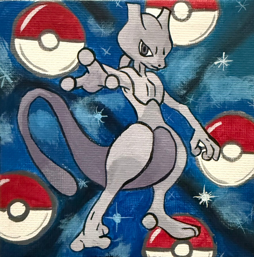 Mewtwo, hand-painted on 4x4 inch canvas
