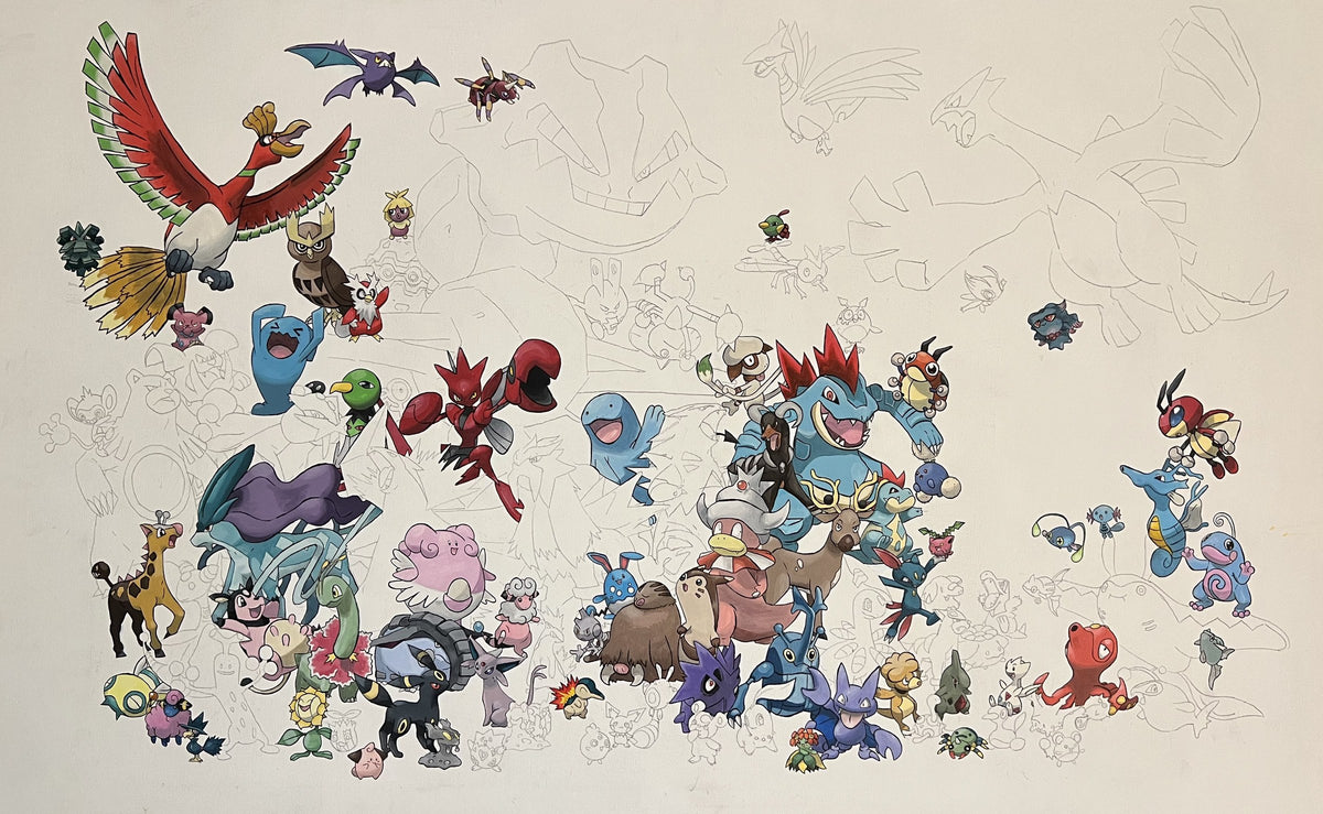 Gen 2 Pokémon painting in progress — 100 Pokémon on one 36×48 canvas