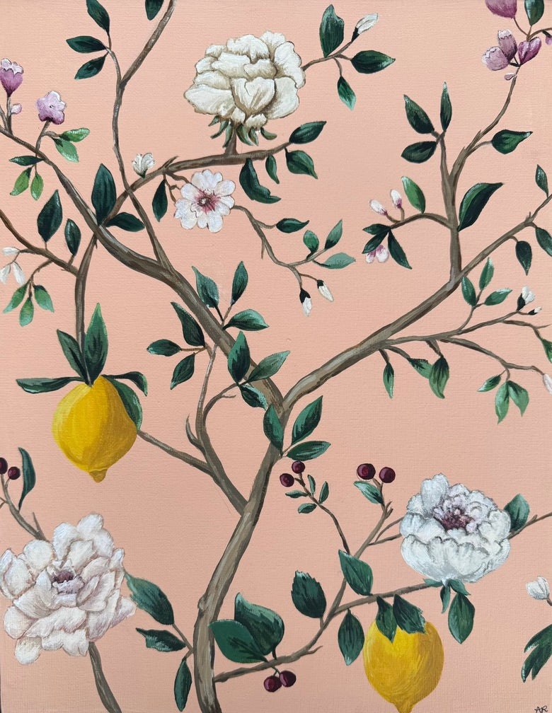 Chinoiserie branches with lemons and peonies on pink, hand-painted on canvas