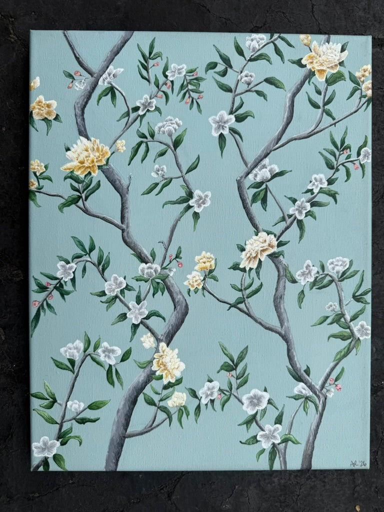 Chinoiserie blossom branches on pale blue, hand-painted on canvas