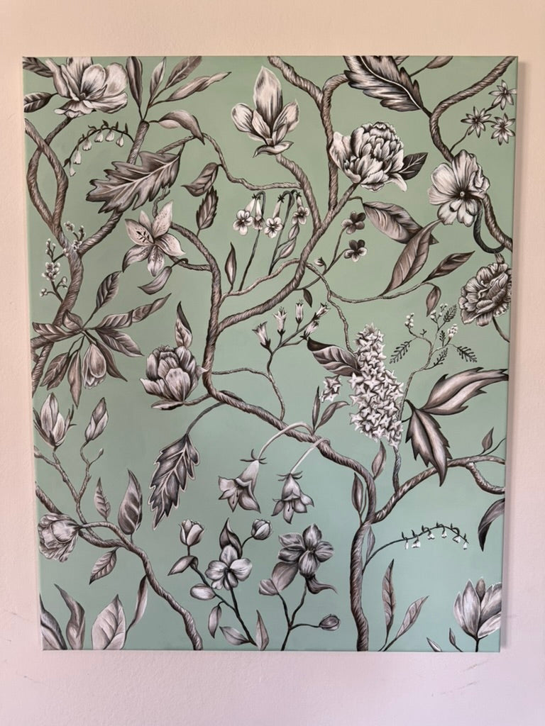 Botanical vines and flowers on sage green, hand-painted on canvas