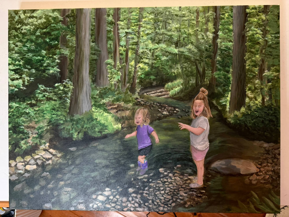 Two children playing in a forest stream, hand-painted on canvas